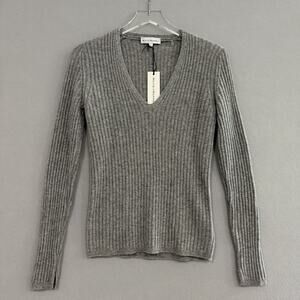 NWT White + Warren Ribbed Cashmere V-neck Sweater Top Small Gray